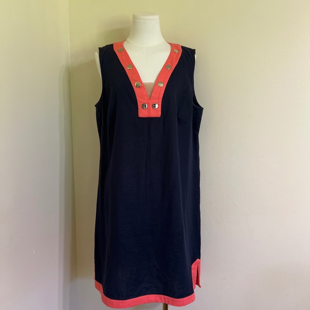 Tommy Hilfiger Womens Navy Blue Coral Pink Linen Blend Shift Dress Size 16